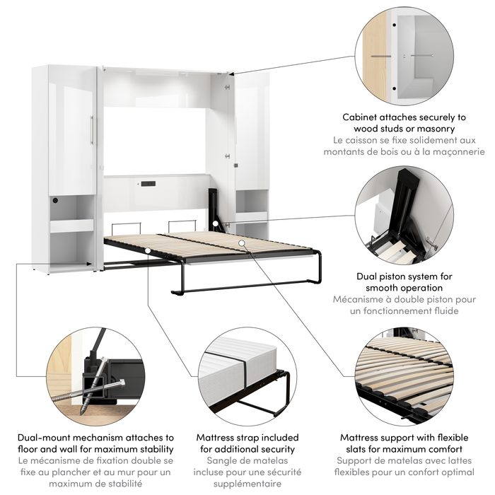 Lit double escamotable Avalon de Bestar de 101 po (L) avec armoires de rangement et tablette coulissante