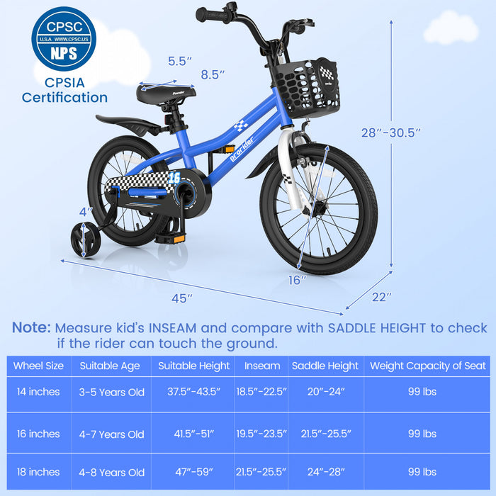 Velo Costway 16\" Pour Enfants Avec Roues D'entrainement Amovibles Et Panier Pour 4-7 Ans Bleu