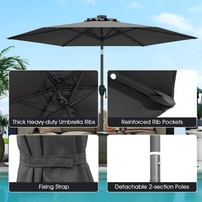 Parasol solaire Costway 7,5 ft avec lumieres LED, inclinaison par bouton-poussoir, manivelle, gris