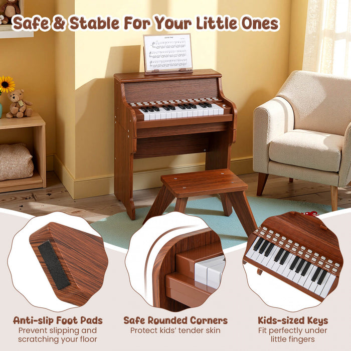 Costway Piano Numerique 25 Touches avec Pupitre, Tabouret, Touches Retroeclairees et Mode Enseignement pour Enfants des 3 Ans - Marron