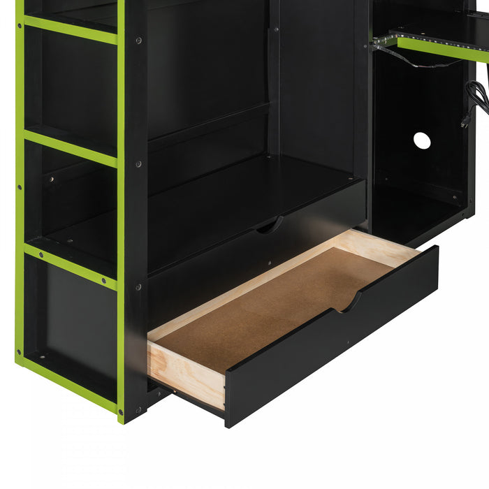 Jerry Lit mezzanine en bois avec bureau et rangement, Taille Double, Vert