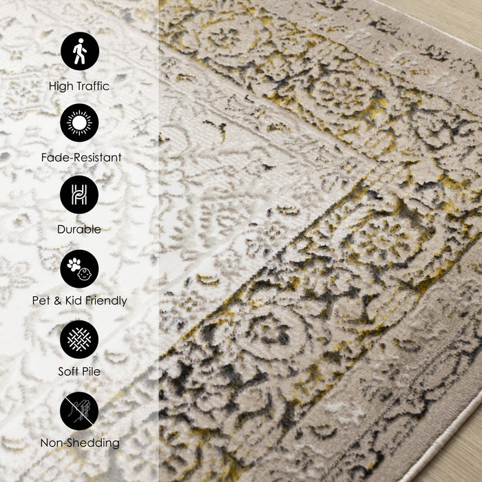Tapis Zaris creme, jaune et noir elegant classique, 5'3\" x 7'7\"