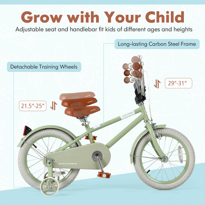 Costway 16\" Velo Pour Enfants Avec Guidon Reglable De Selle Roues D'entrainement Amovibles Frein A Main Vert