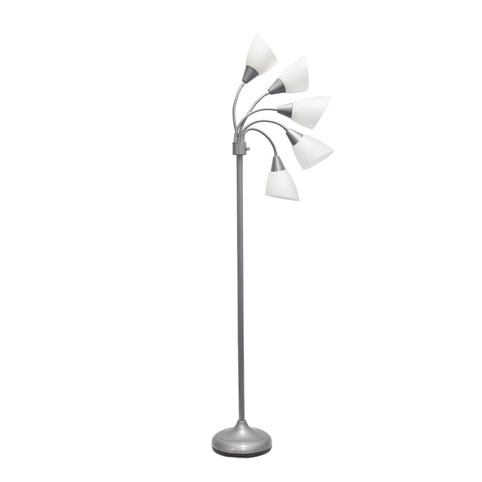 Skye Lampadaire a 5 lumieres avec cols de cygne reglables, Argent et Blanc, 67 po H