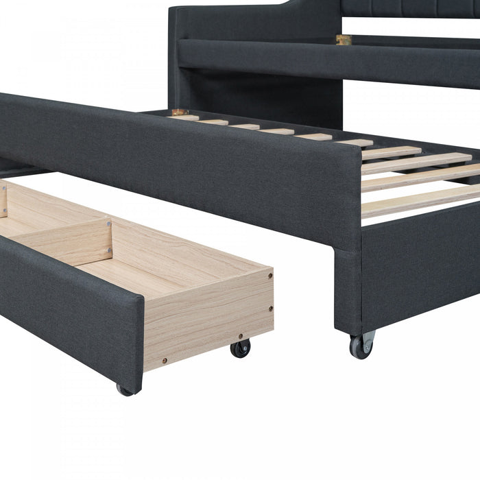 Hogan – Lit De Jour Rembourre En Tissu Aspect Lin Avec Lit Gigogne Et Tiroirs De Rangement, Format Simple, Gris