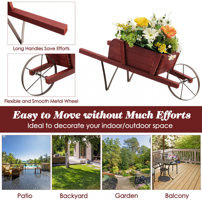 Chariot De Fleur Rustique Interieur/exterieur Decoratif De Planteur De Wagon En Bois Costway Avec Roue Rouge