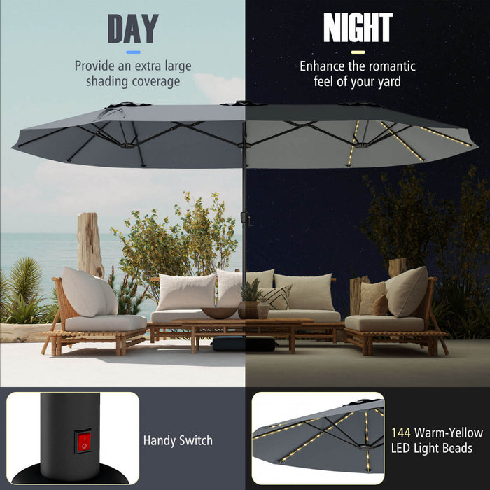 Costway Parasol de patio extra-large de 15,5 pieds avec lumieres solaires LED et 12 baleines robustes gris