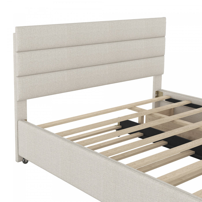 Sophie – Lit Plateforme Rembourre En Tissu Aspect Lin Avec Lit Gigogne Et Tiroirs De Rangement, Format Grand, Beige