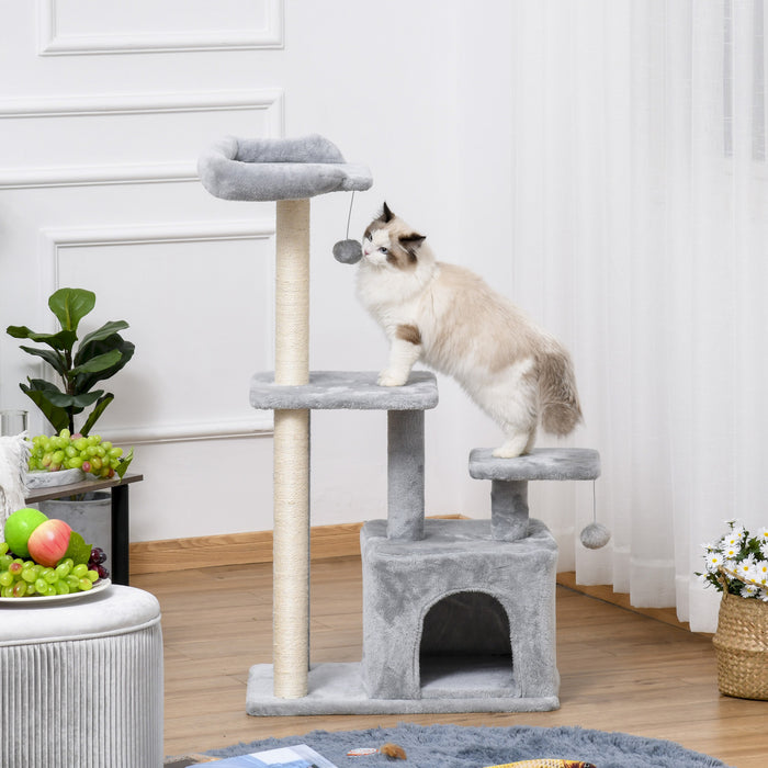 Pawhut Arbre A Chat D'interieur, Condo A Plusieurs Niveaux Avec Griffoir En Sisal, Perchoir, Boule A Suspendre, Gris Clair