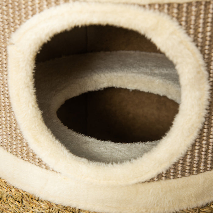 Pawhut Tour A Chat 3 Etages A Trois Trous Avec Surface De Couverture A Gratter En Sisal Et Algues, Tour A Chat Pour Chats D'interieur, 15 \"x 28\", Kaki Et Marron