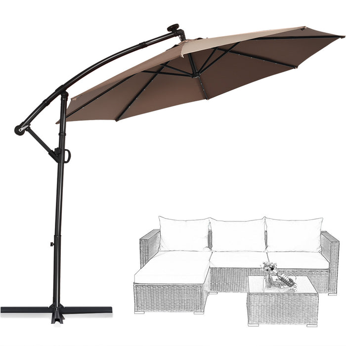 Costway Parasol deporte de patio de 10 pieds, solaire LED, rotation a 360 degres, marron