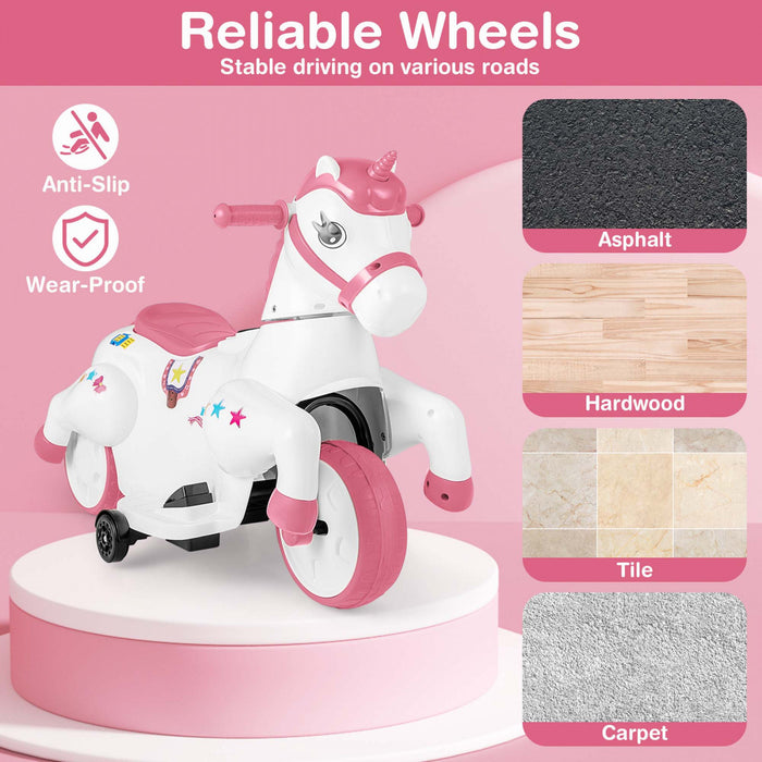 Costway 12v Enfants Monter Sur Jouet Unicorne Avec Roues D'entrainement Musique Un Bouton Demarrer Cheval Jouet Rose