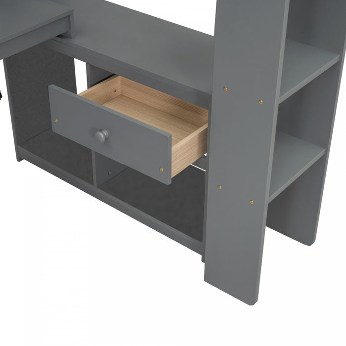 Jackson – Lit Mezzanine Simple En Bois Massif Avec Bureau, Etageres De Rangement, Eclairage Del Et Station De Recharge – Gris Fonce
