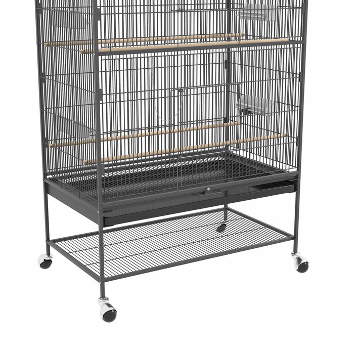 Pawhut Cage A Oiseaux 60\" Avec Support Pour Calopsittes Canaris Inseparables Pinsons, Cage A Perruches Avec Roues, Plateau Amovible, Etagere De Rangement