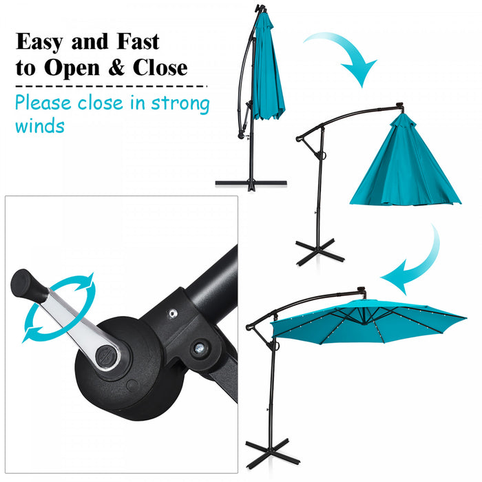 Costway Parasol deporte de patio de 10 pieds, alimente par energie solaire, LED, rotation a 360 degres, aluminium, turquoise