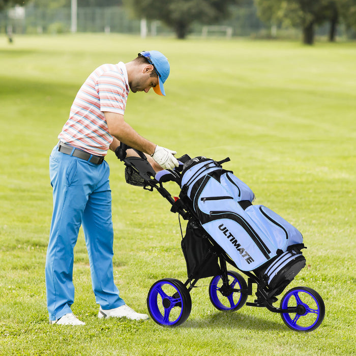 Goplus Pliant 3 Roues Golf Push Cart W/seat Tableau De Bord Poignee Reglable Bleu