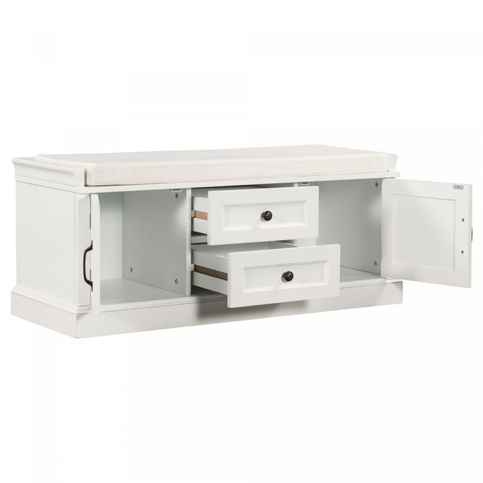 Banc De Rangement Boyce En Bois Massif Avec Meuble A Chaussures 4 Portes Et Coussin, Blanc