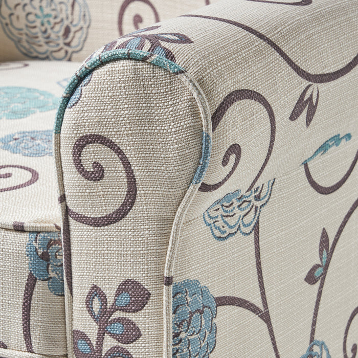 Fauteuil D’appoint Catherine En Tissu aspect lin Avec Pieds En Bois - Blanc Et Bleu