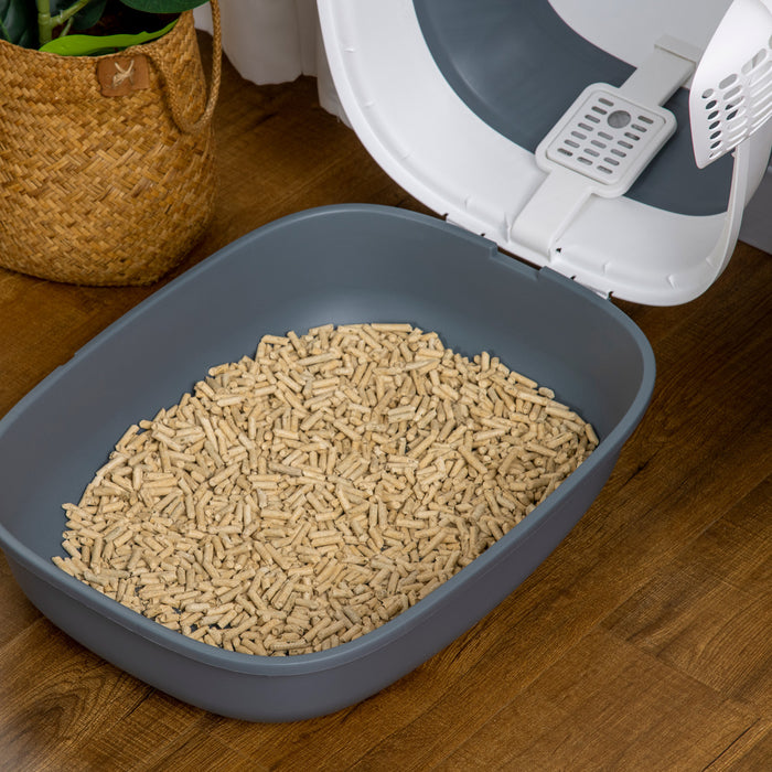 Pawhut Bac A Litiere Pour Chat Avec Couvercle, Avec Cotes Hauts, Assainisseur D'air, Grand Bac A Litiere Pour Chat A Entree Bidirectionnelle, Pliable, Facile A Nettoyer, Blanc Et Gris