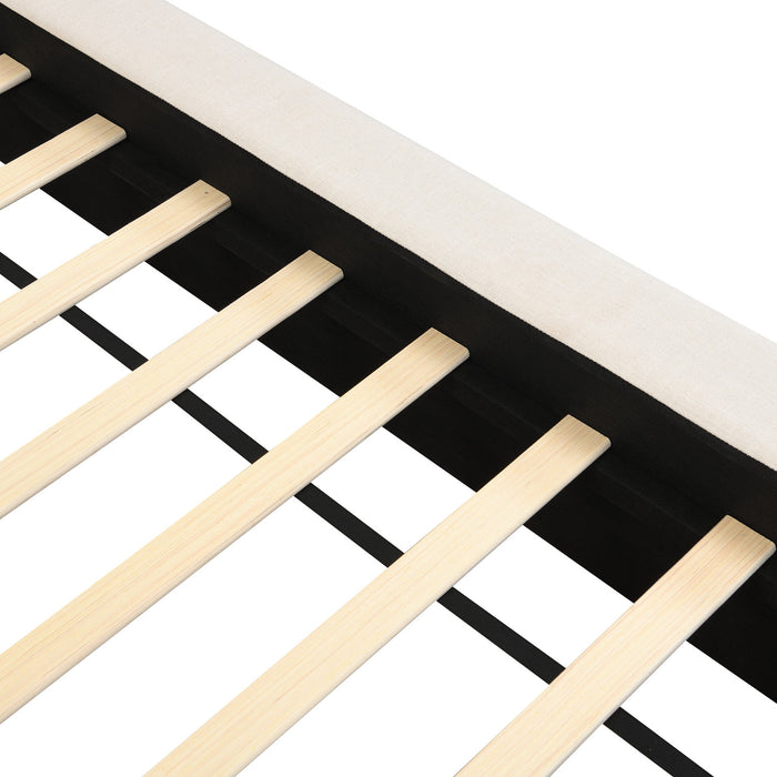 Lit plateforme rembourre Connor avec tete et pied de lit en lin, taille King, beige