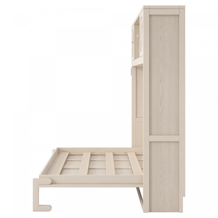 Lit escamotable Ethan en bois massif avec armoires de rangement, taille queen, beige