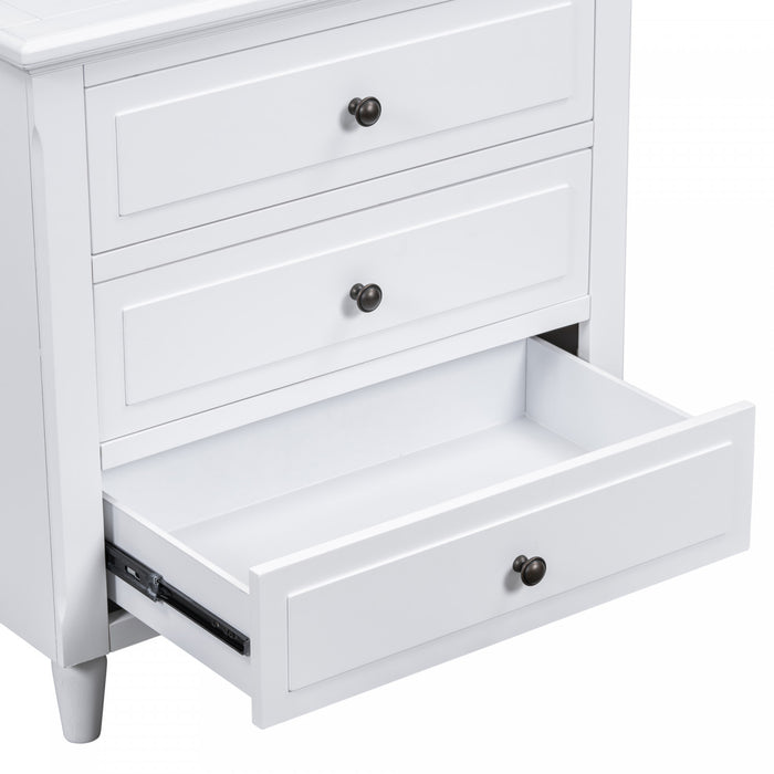 U_Style Table de Nuit Peinte 28 po avec 3 Tiroirs a Glissiere Douce et Pieds en Bois de Caoutchouc, Blanc
