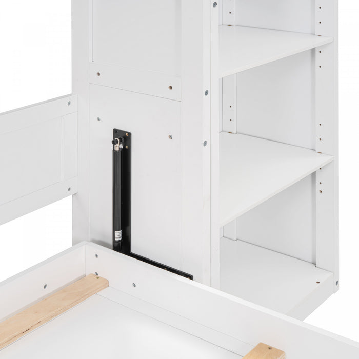 Lit Escamotable Double Jocelyn Gain De Place Avec Etageres, Blanc