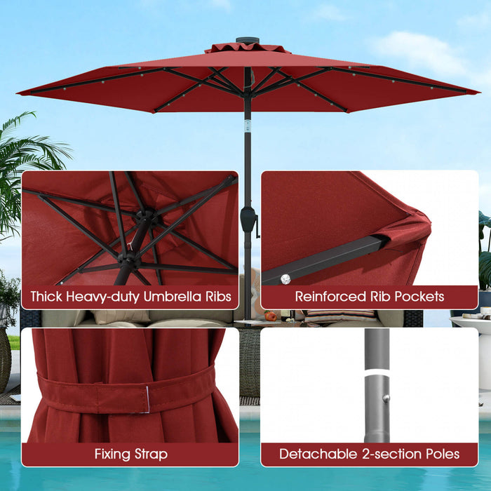 Parasol solaire Costway 7,5 ft avec lumieres LED, inclinaison par bouton-poussoir, manivelle, rouge