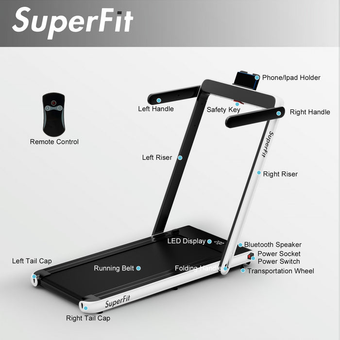 Tapis De Course Pliable 2 En 1 Superfit, Avec Haut-parleur, Telecommande Et Controle Via Application, Moteur 2,25 Hp, 2 Modes : Marche Et Course, Vitesse De 1 A 12 Km/h, Blanc
