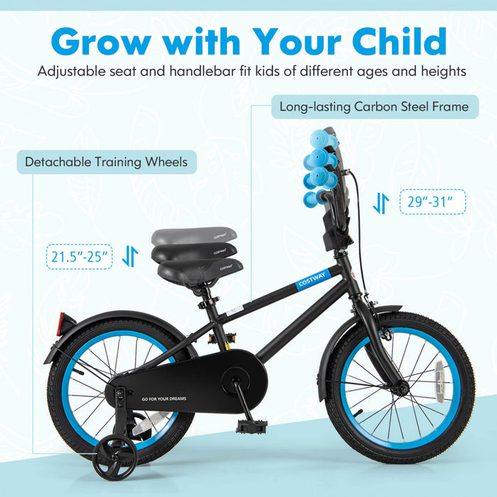 Costway 16\" Velo Pour Enfants Avec Guidon Reglable De Selle Roues D'entrainement Amovibles Frein A Main Noir