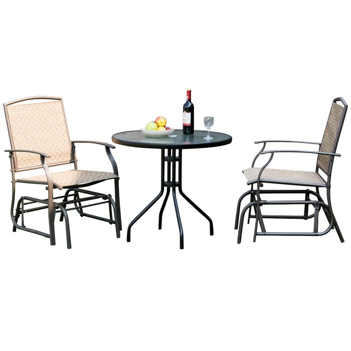 Costway Ensemble mobilier bistro de patio 3PCS chaise a bascule, table en verre avec trou parasol