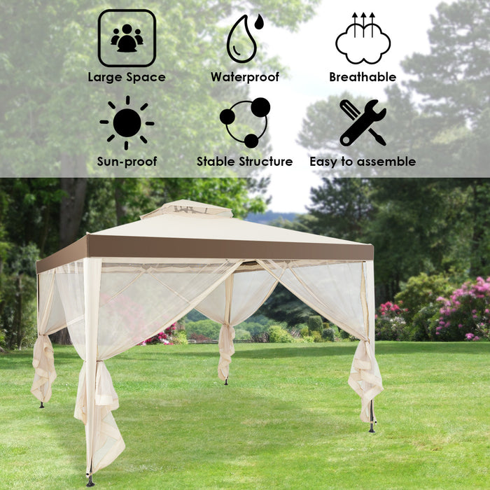 Tonnelle Pavillon De Jardin En Fer Et Polyester, Tente De Reception Avec Moustiquaire Et Toiles Laterales Amovibles Et Impermeables, Tente De Jardin A 4 Cotes 300 X 300 X 200/265 Cm, Beige&brun