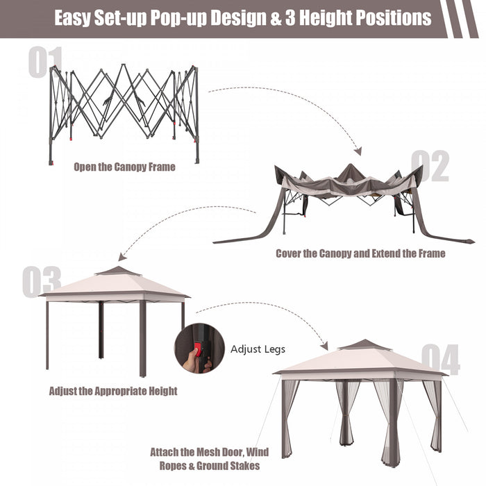 Costway 11’x11’ 2-tier Pop-up Tente Gazebo Abri A Canopy Portatif Sac De Transport Mesh Beige