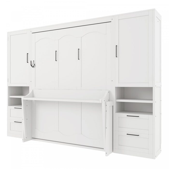 Maria Lit escamotable Murphy avec tiroirs et etageres, Taille Queen, Blanc