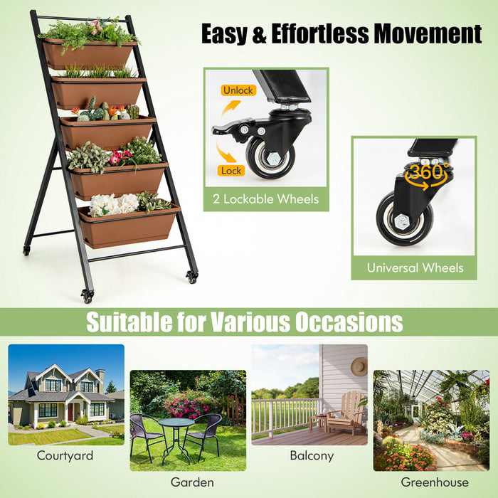 Costway 5-tier Vertical Raised Garden Bed Elevated Planter Avec Roues Et Boites A Conteneurs