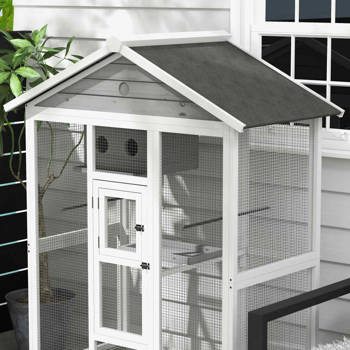 Pawhut 65\" Cage A Oiseaux Grande Voliere En Bois Pour Canari Avec Plateau Coulissant Nid De Poteau Debout, Pour Interieur Exterieur, Gris