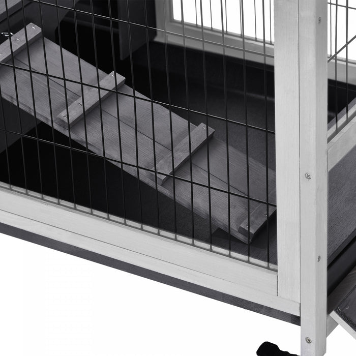 Pawhut Huche D'interieur En Bois Pour Lapin Avec Cage Surelevee Avec Enclos Ferme Avec Roues, Ideal Pour Les Lapins Et Les Cochons D'inde