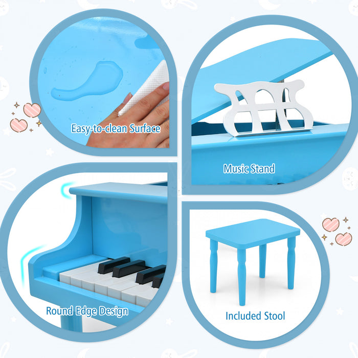 Costway Piano a Queue Classique Bebe 30 Touches, Jouet en Bois pour Bout de Chou avec Banc et Porte-Partition - Bleu