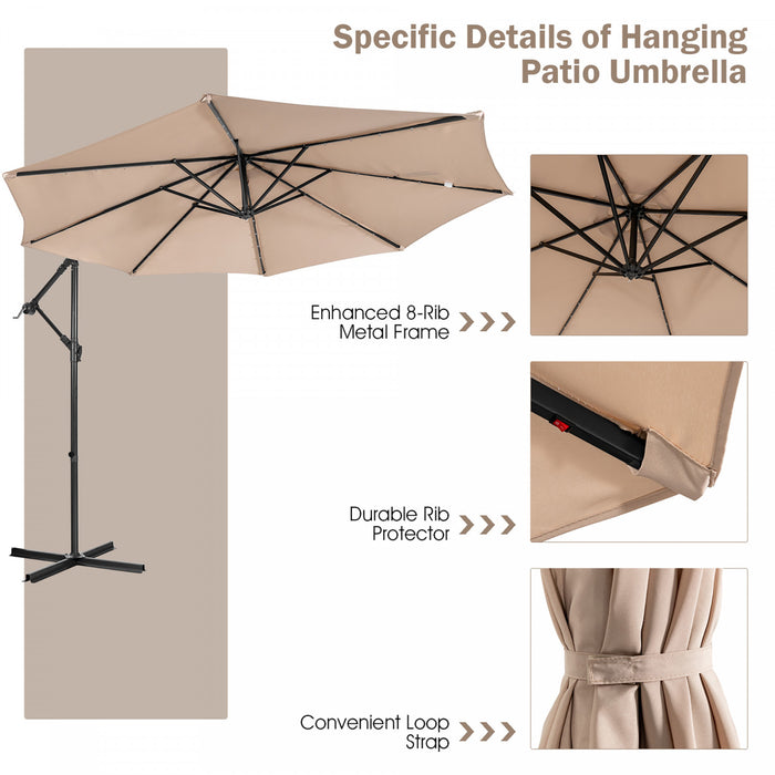 Costway Parasol cantilever 10FT solaire avec 32 LED eclairees pour terrasse, exterieur, beige