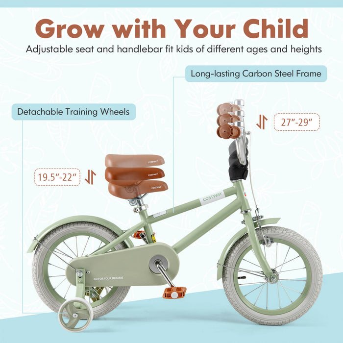 Costway 14\" Velo Pour Enfants Avec Guidon Reglable De Selle Roues D'entrainement Amovibles Frein A Main Vert