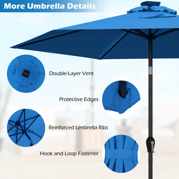 Costway Parasol solaire de patio 9FT avec LED, acier, inclinaison avec manivelle, bleu