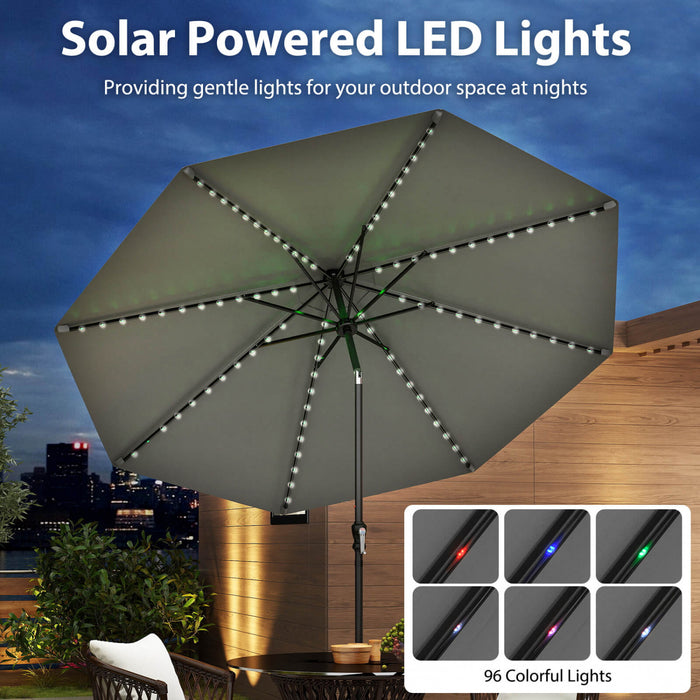 Parasol solaire Costway 10 FT avec 96 LED, inclinaison reglable a 35°, haut ventile, gris