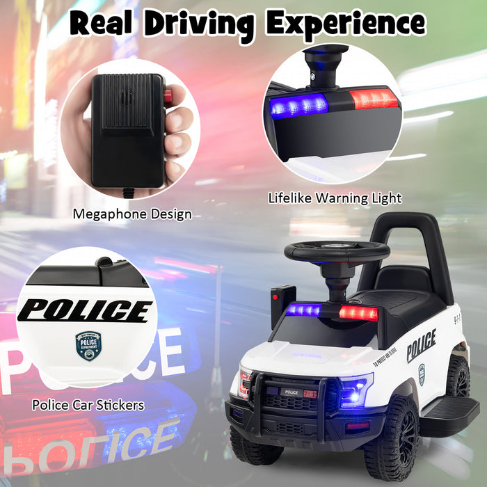 Costway 2-en-1 6v Enfants Rouler Sur La Voiture De Police Enfant Pousser Voiture W / Megaphone & Sirene Blanche