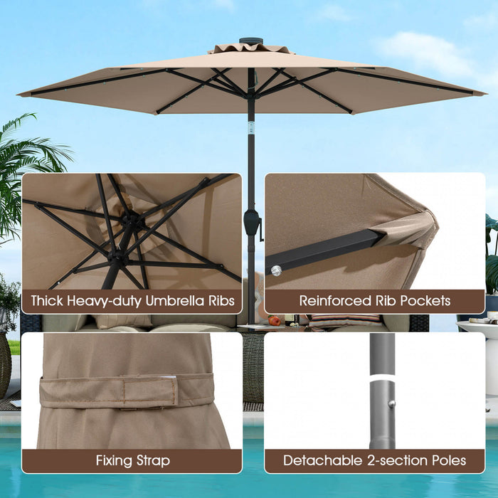 Parasol solaire Costway 7,5 ft avec lumieres LED, inclinaison par bouton-poussoir, manivelle, marron