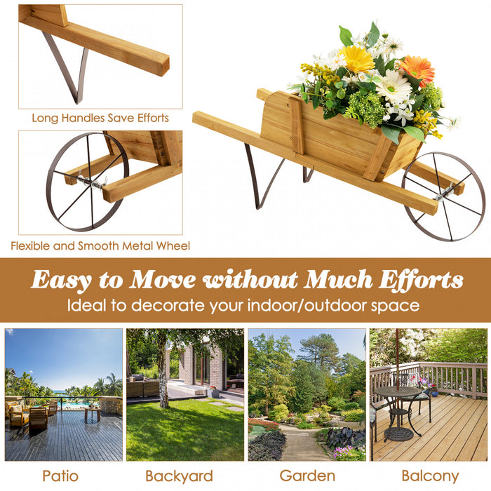 Chariot De Fleur Rustique Interieur/exterieur Decoratif De Planteur De Wagon En Bois Costway Avec Roue Beige