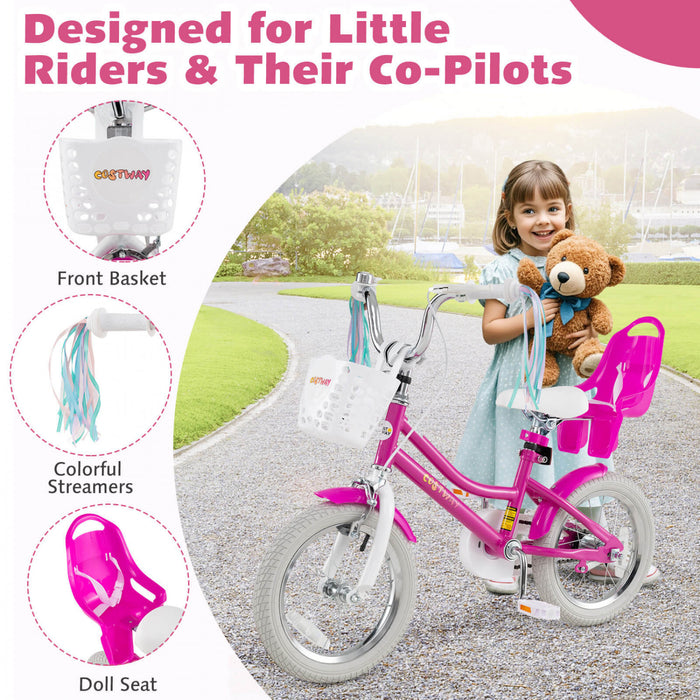 Costway 14\" Velo Pour Enfants Avec Roues D'entrainement Poupee Siege Panier Streamers Frein A Main Rose