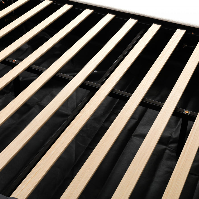 Lit plateforme Camille avec tete de lit incurvee et tapissage boucle luxueux, taille Queen, blanc