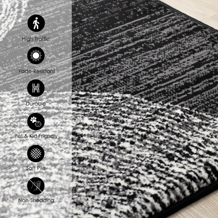 Tapis Florence noir, gris et blanc a motif d'anneaux d'arbre, 7'9\" x 10'6\"