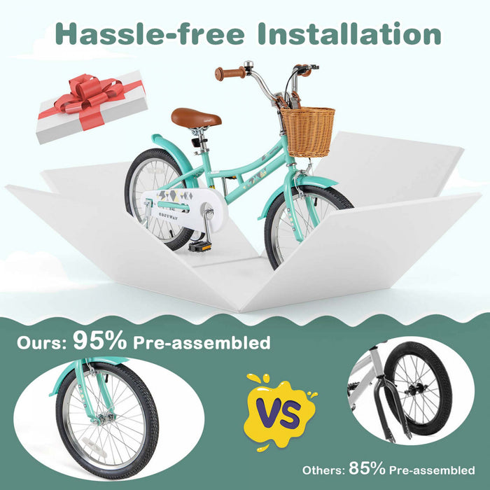 Costway 18\" Velo Pour Enfants Avec Guidon Reglable En Hauteur Siege Panier Cloche Roues D'entrainement Vert