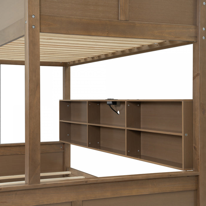Lit superpose Liam en bois massif Twin XL sur Queen avec rangement et ports USB, brun